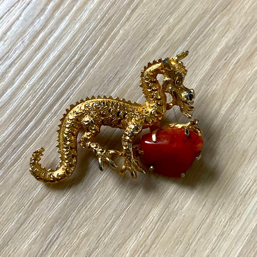 Vintage BSK dragon brooch red stone